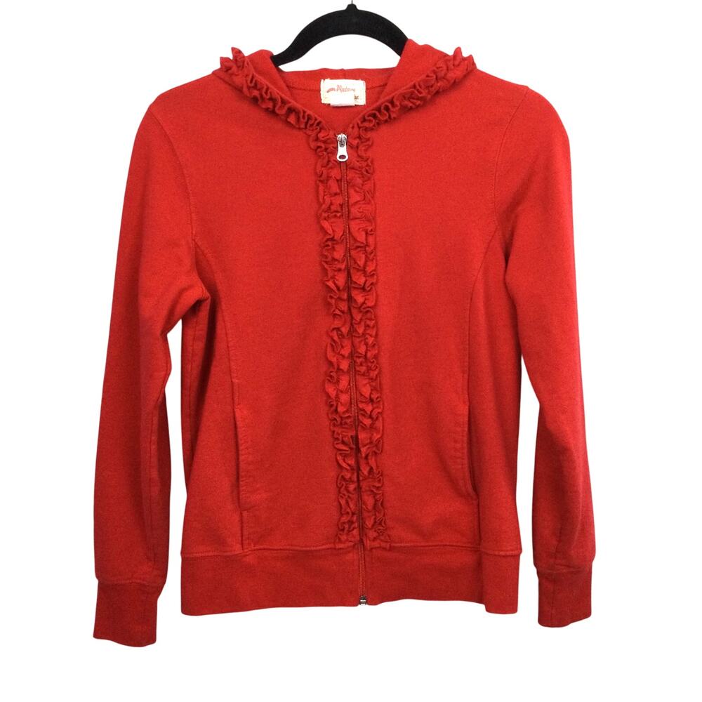 Vintage Cotton Retro Cottage Red Ruffle Full Zip Hooded Long Sleeve Jacket PS